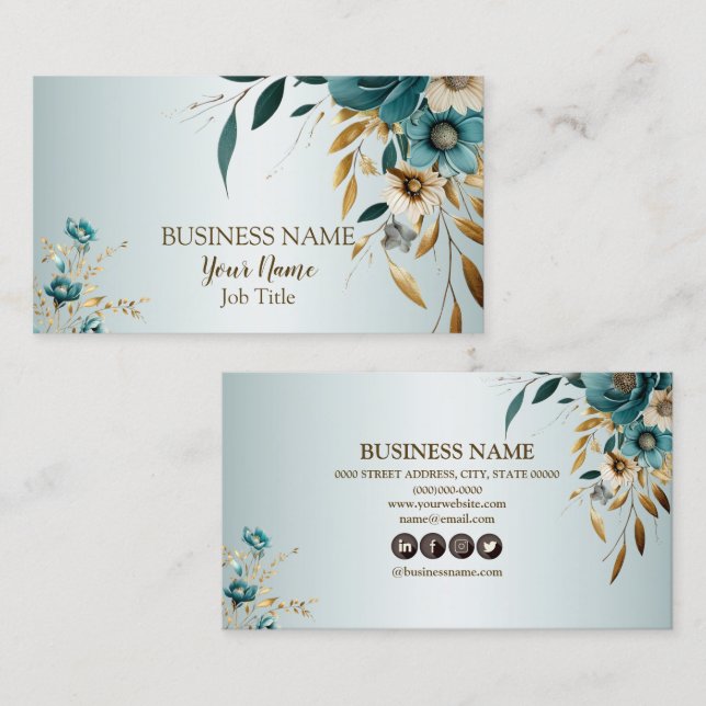 Professional Turquoise White Flower Golden Leaves Business Card (Front/Back)