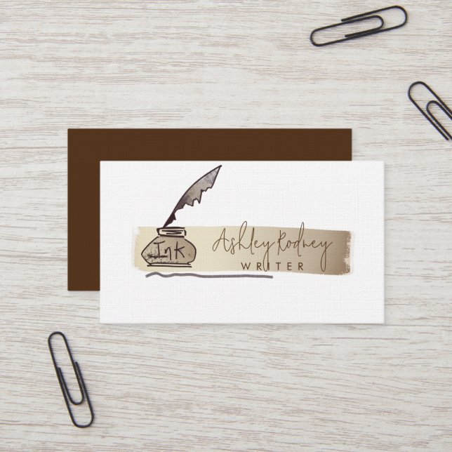 Professional Vintage Gold Quill Pen Writer Business Card (Front/Back In Situ)