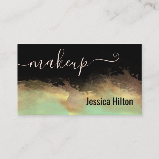 Professional watercolor neo mint gold script busin business card (Front)
