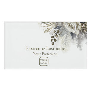 Professional Watercolor Silver Golden White Roses Name Tag