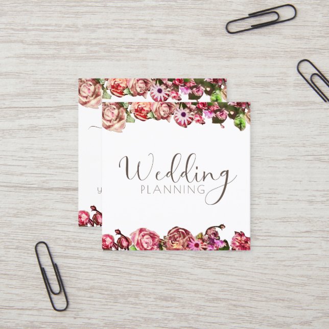 Professional Wedding Planner Elegant Blush & Pink Square Business Card (Front/Back In Situ)