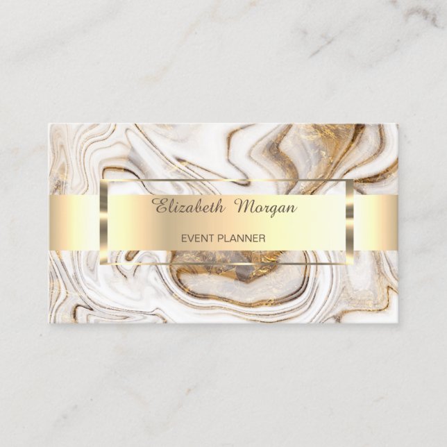 Professional White Brown Gold Stripe Marble Business Card (Front)