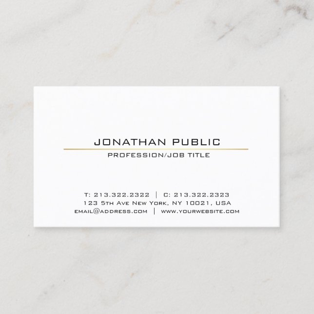 Professional White Gold Sleek Modern Plain Elegant Business Card (Front)