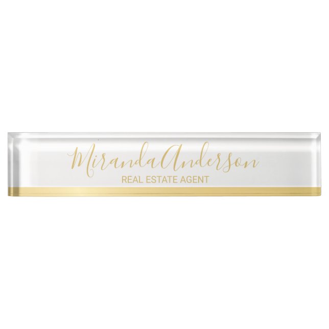 Professional White & Gold with Modern Script Name Nameplate (Front)
