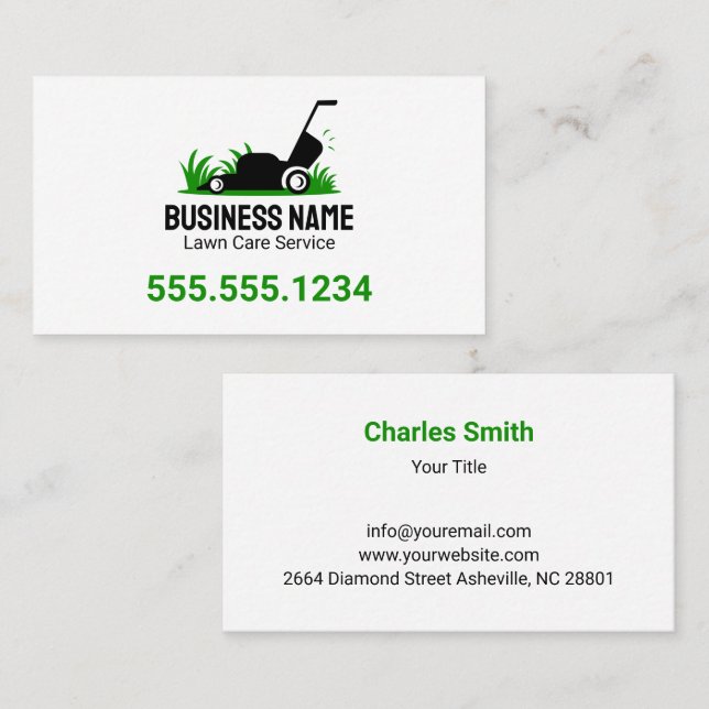 Professional White Green Lawn Care Mowing Business Card (Front/Back)
