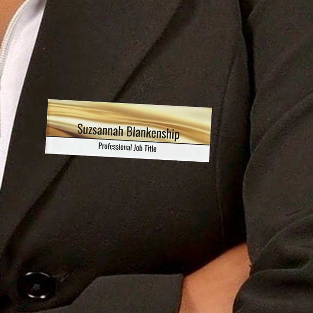 Professional White & Luxurious Gold Ribbon Custom Name Tag (Luxurious gold ribbon top and white bottom professional name tag on jacket)