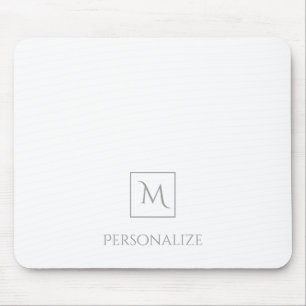 Professional White With Simple Grey Monogram Name Mouse Mat