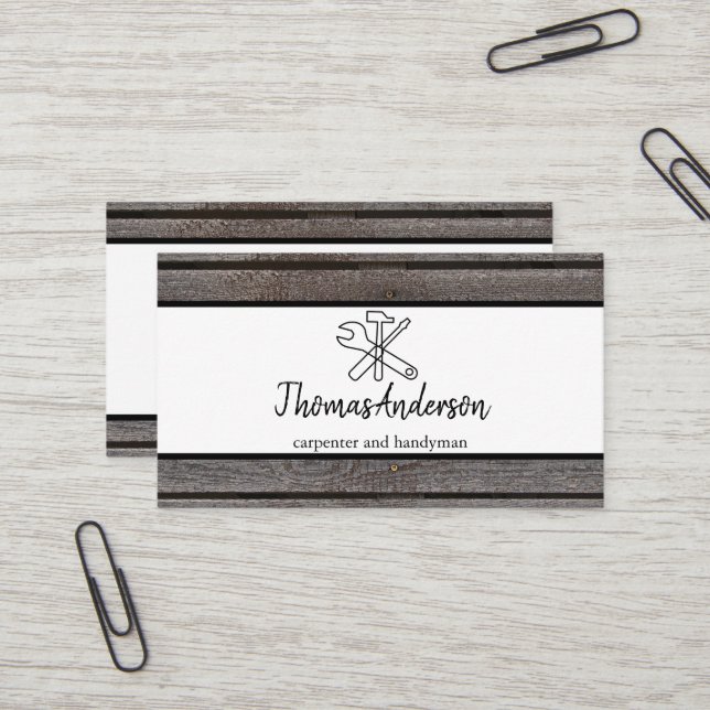 Professional Wood Grain Rustic Carpentry Business Card (Front/Back In Situ)