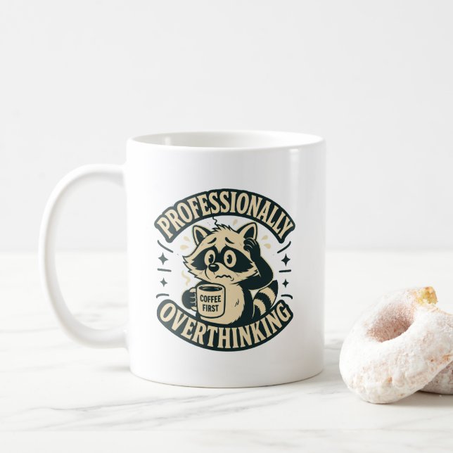 Professionally Overthinking Funny Retro Racoon Co Coffee Mug (With Donut)