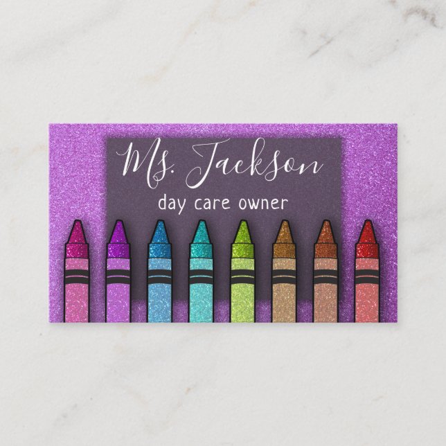 Professor Preschool Teacher Glitter Rainbow Crayon Business Card (Front)