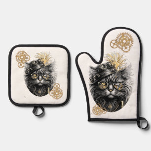 Professor Sprocket-Paws The Funky Steampunk Cat Oven Mitt & Pot Holder Set