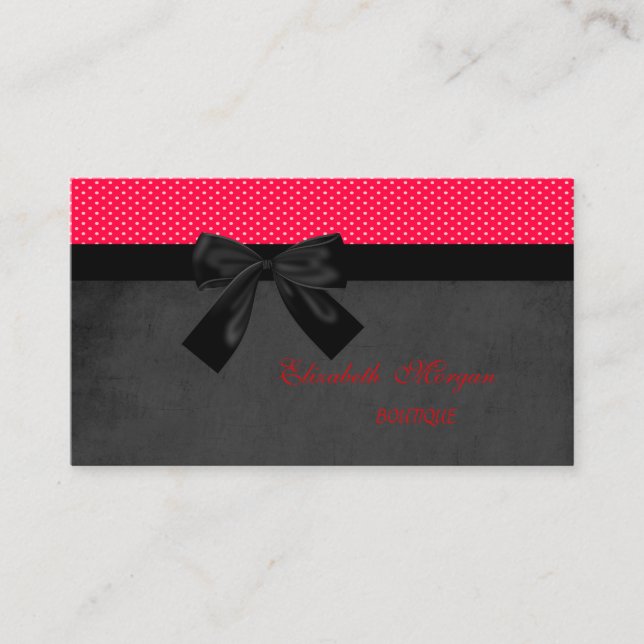Proffesional Modern Cute Red Dots-Black Bow Business Card (Front)