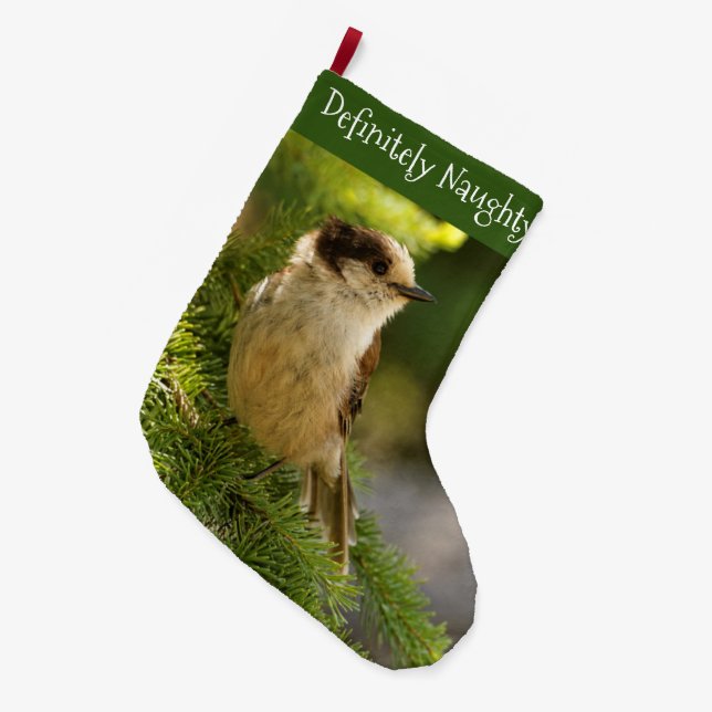 Profile of a Cute Grey Jay / Whiskeyjack Songbird Large Christmas Stocking (Front (Hanging))
