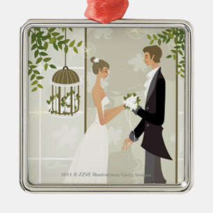 Profile of a man giving flowers to a woman metal tree decoration