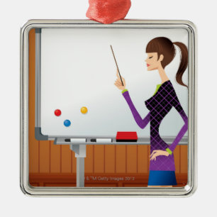Profile of businesswoman pointing whiteboard metal tree decoration