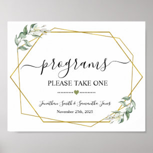 Progams sign wedding ceremony greenery gold