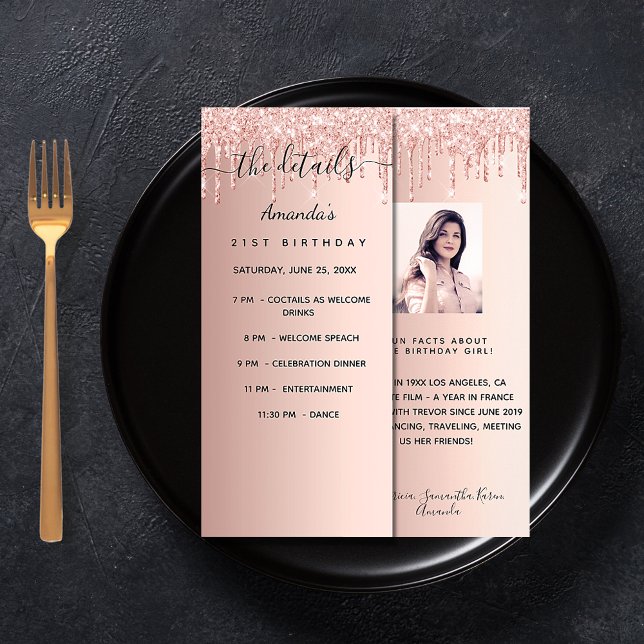 Program birthday rose gold photo fun facts rack card (Creator Uploaded)