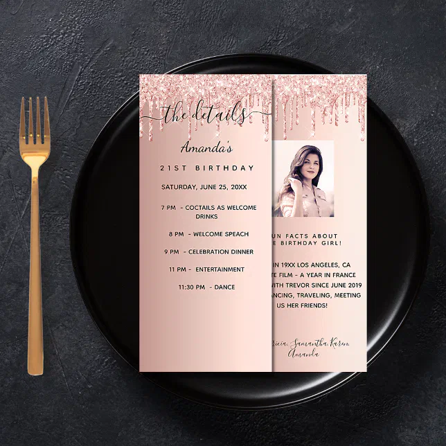 Rose Gold Program Program birthday rose gold photo fun facts rack card | Zazzle