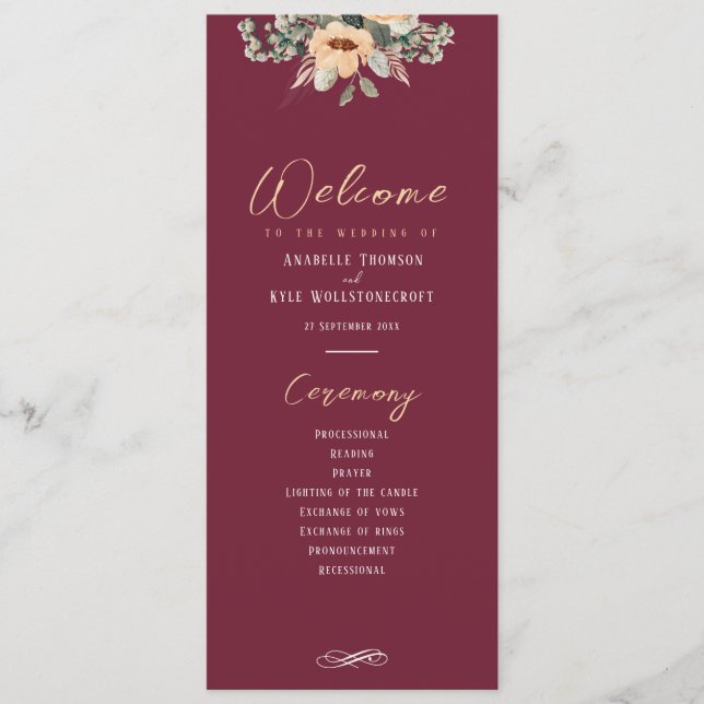 Program - Elegant burgundy, Wedding  Programme (Front)