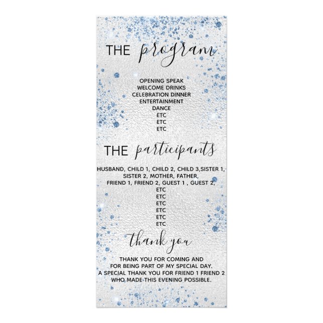 Program party silver blue glitter dust rack card (Front)