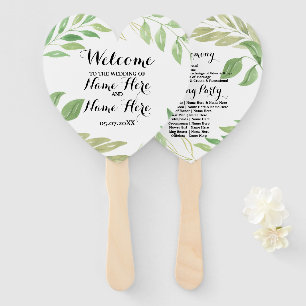 Programme Hand Fan Green Foliage Leaves Wedding