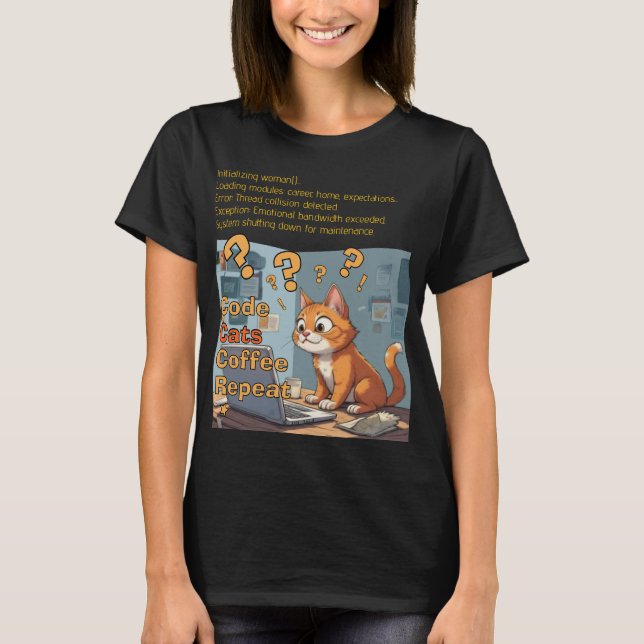 Programmer Cat Code Coffee Repeat Design T-Shirt (Front)