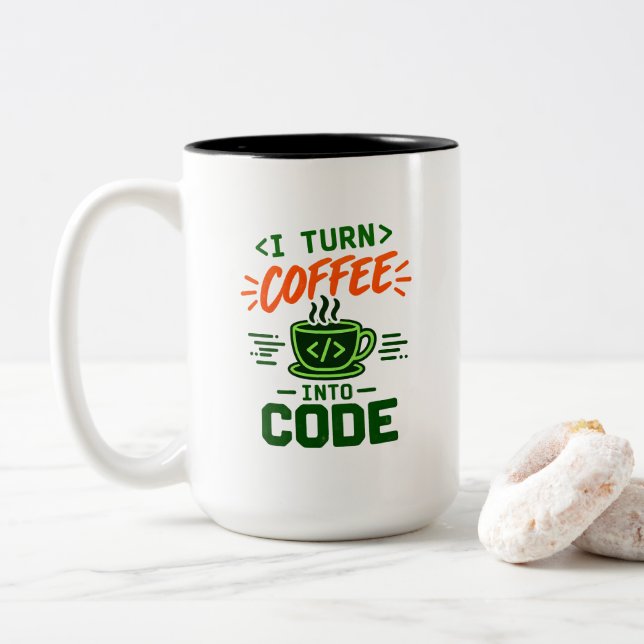 Programmer IT Humour I Turn Coffee Into Code Dev Two-Tone Coffee Mug (With Donut)