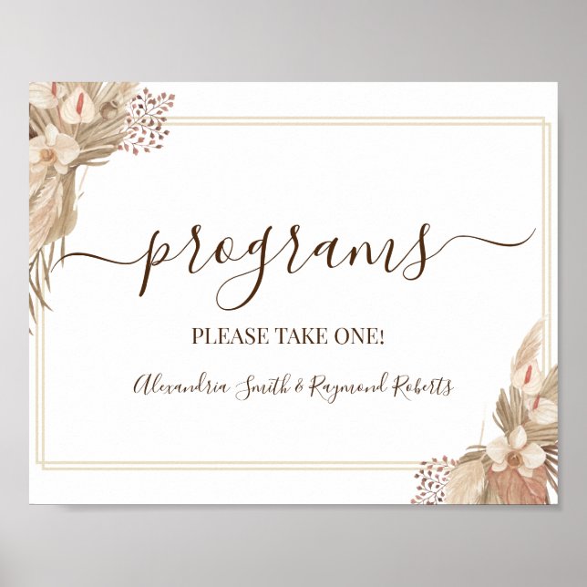Programs Wedding Ceremony Floral Pampa Grass Sign (Front)