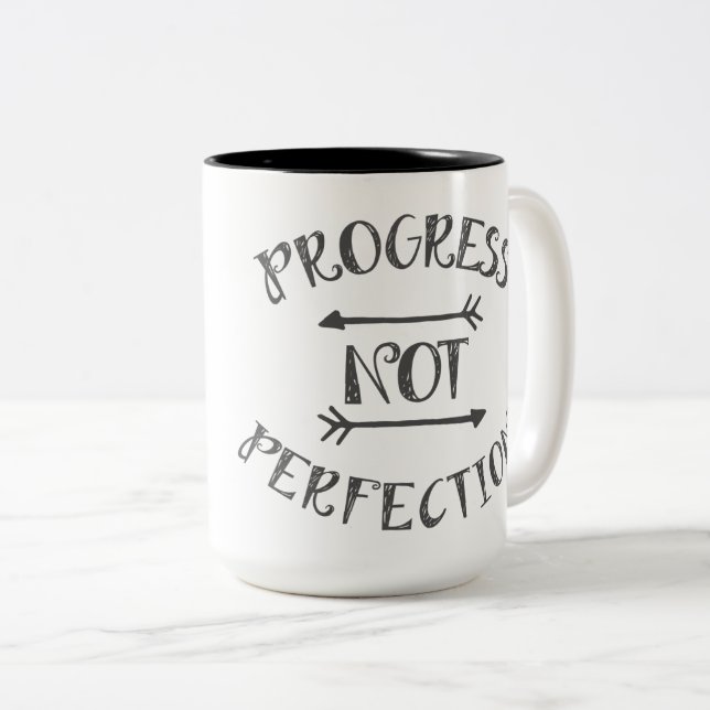 Progress Not Perfection DarkGrey on white Two-Tone Coffee Mug (Front Right)