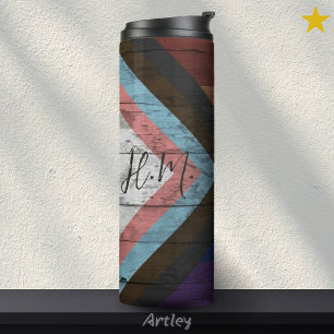 Progress Pride Flag LGBT Wood Grain Custom Name Thermal Tumbler