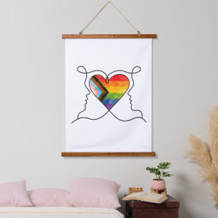 Progress Pride Heart Line Art Hanging Tapestry