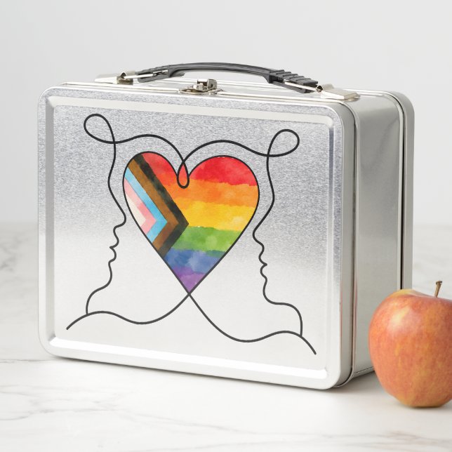 Progress Pride Heart Line Art Metal Lunch Box (In Situ)