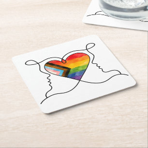 Progress Pride Heart Line Art Square Paper Coaster