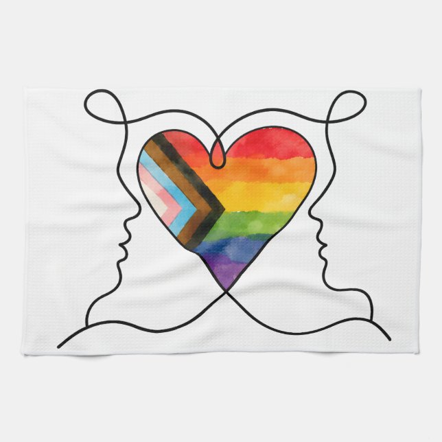 Progress Pride Heart Line Art Tea Towel (Horizontal)