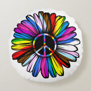 Progress Pride Peace Daisy - LGBTQ+ Love Wins Round Cushion