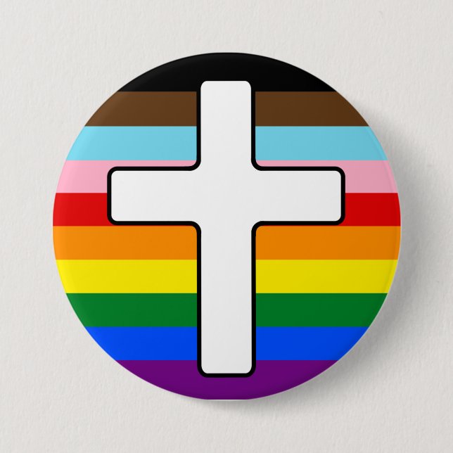 Progress Pride Rainbow Flag with White Cross 7.5 Cm Round Badge (Front)