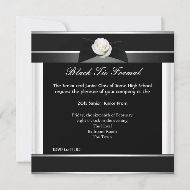 Prom High School Dance Formal White Black Tie Invitation (Front)