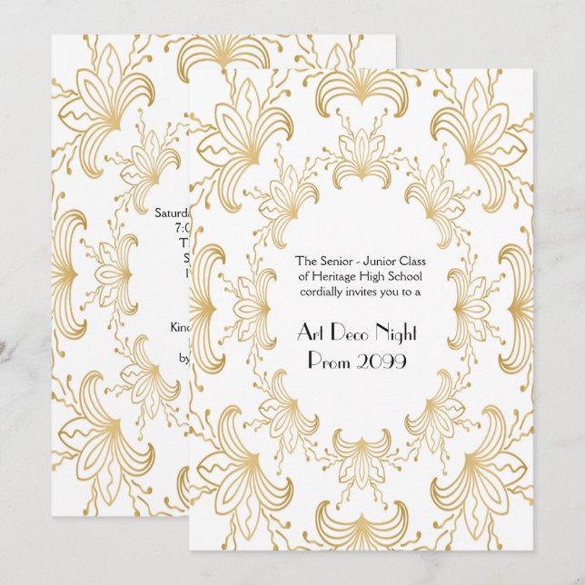 Prom Senior, Art Deco, Flowers Stylised,white gold Invitation (Front/Back)