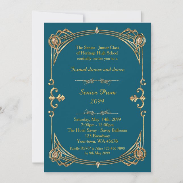 Prom senior, blue green & gold, Gatsby style Invitation (Front)
