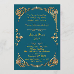 Prom senior, blue green & gold, Gatsby style Invitation