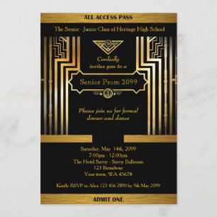 Prom senior, Gatsby style, black & gold, back gold Invitation