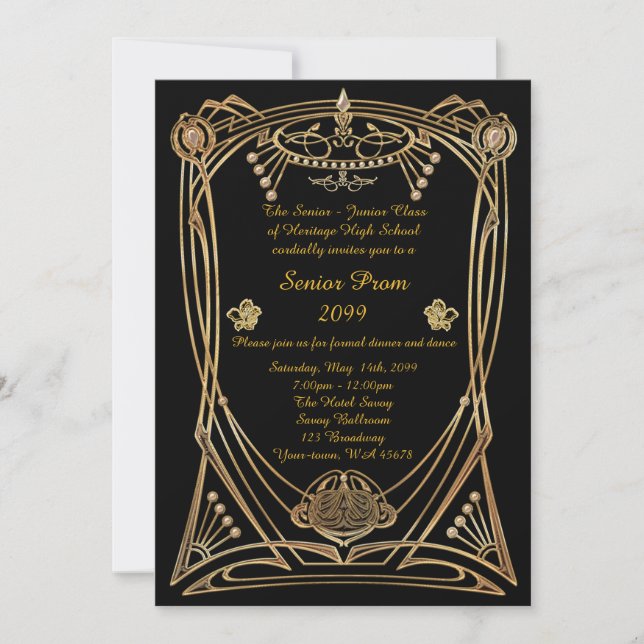 Prom senior, Gatsby style, black & gold, monogram Invitation (Front)