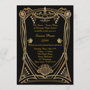 Prom senior, Gatsby style, black & gold, monogram Invitation