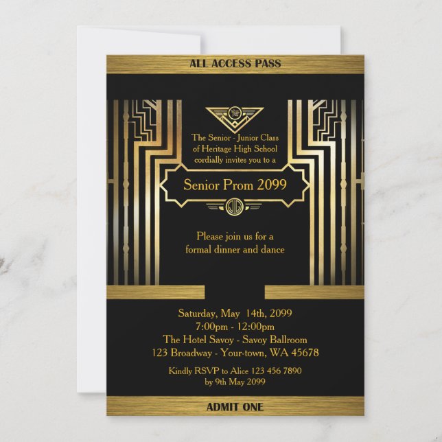 Prom senior, Gatsby style, black & gold, monogram Invitation (Front)