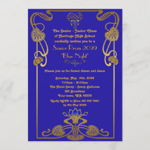 Prom senior, Gatsby style, blue & gold, monogram Invitation