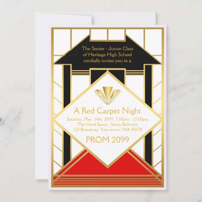 Prom Senior, Gatsby style, Red Carpet Stylised Invitation (Front)