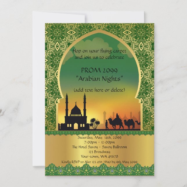 Prom Senior-Junior, Arabian style, green gold Invitation (Front)