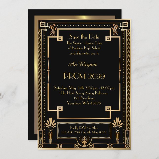 Prom Senior-Junior, Black Gold Geometric, Art Deco Invitation (Front/Back)