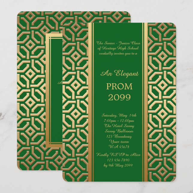 Prom Senior-Junior, Black Gold Geometric Emerald Invitation (Front/Back)