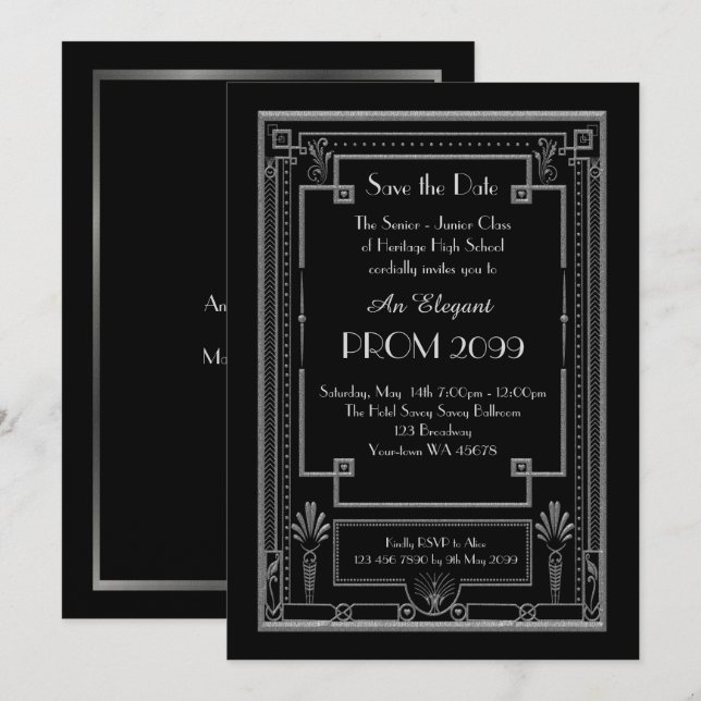 Prom Senior-Junior, Black, Silver, Geometric, Deco Invitation (Front/Back)